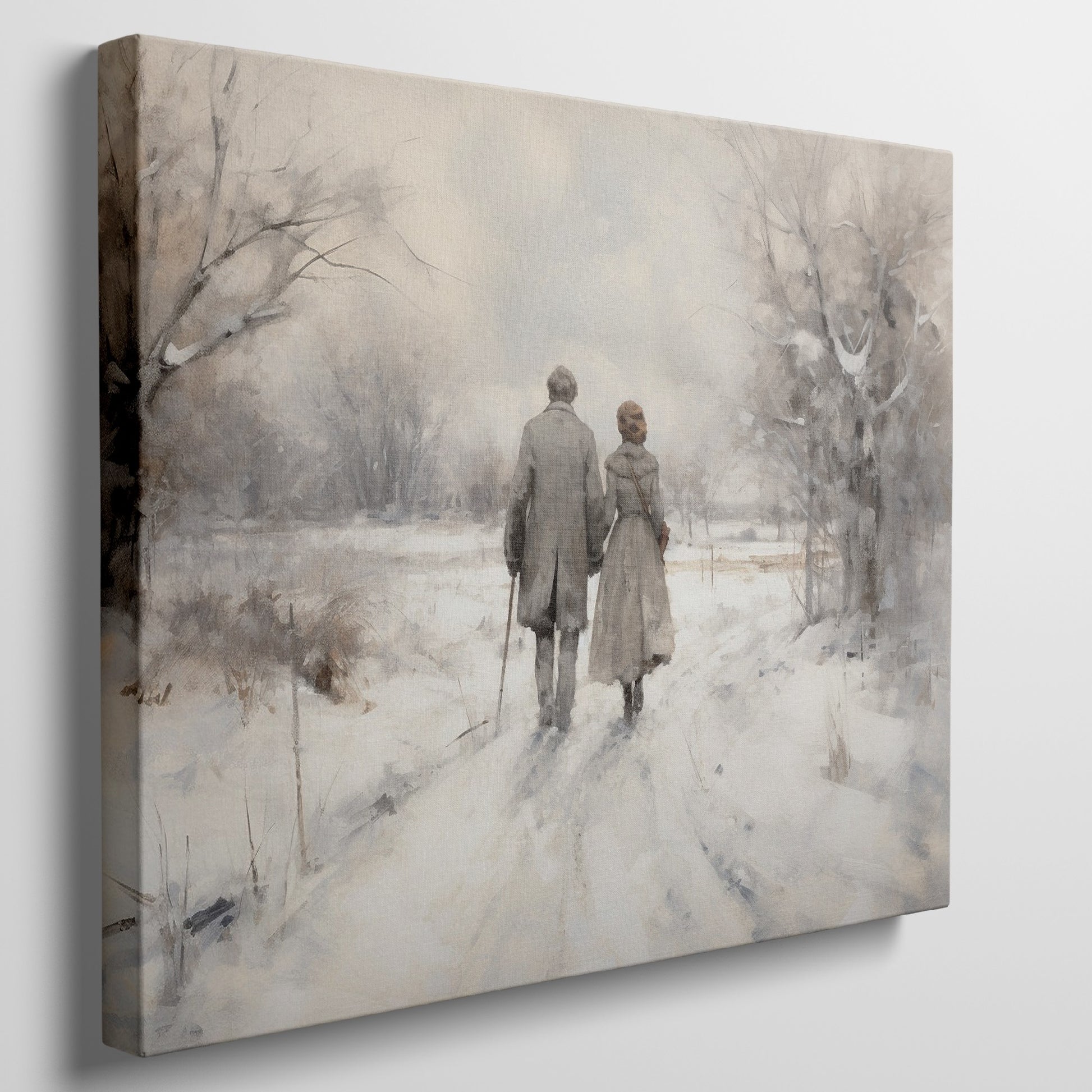 Framed canvas print of a couple walking hand-in-hand through a tranquil snowy landscape with warm earthy tones and soft whites.