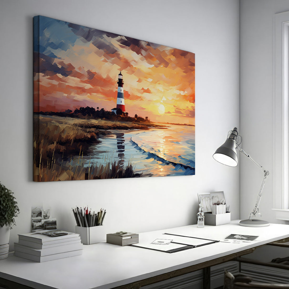 Framed canvas print of an impressionist lighthouse by the sea at sunset with vibrant colours