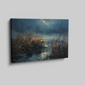 Framed canvas print of an impressionistic landscape with moonlit waters and reed-filled foreground