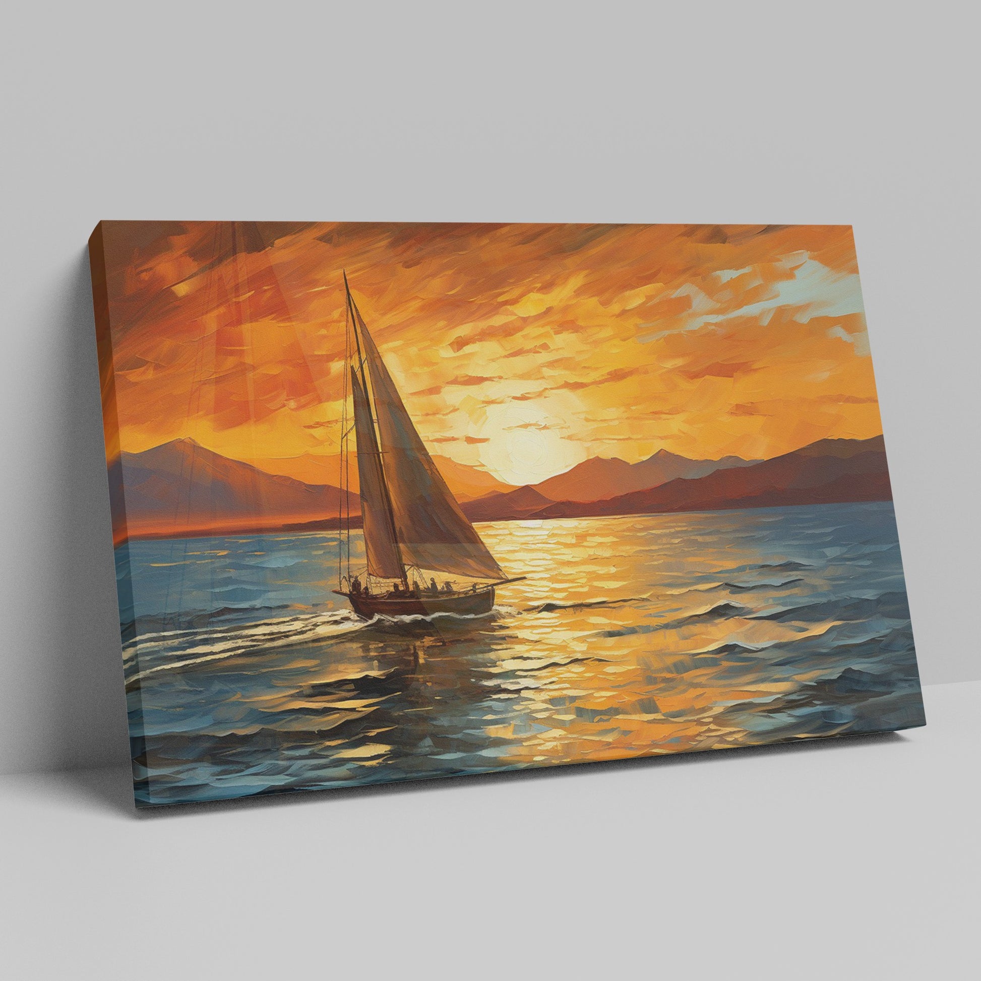 Framed canvas print of a sailboat against a vivid sunset with warm orange and blue tones