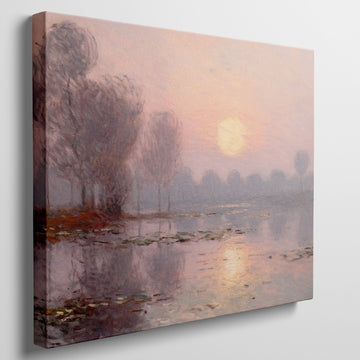 Framed canvas print of a misty river sunrise with reflection and soft pastel colours in impressionist style