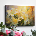 Framed canvas print of impressionist lilies in warm shades of yellow and cream