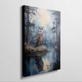 Framed canvas print of an owl perched beside a reflective lake under a full moon night sky