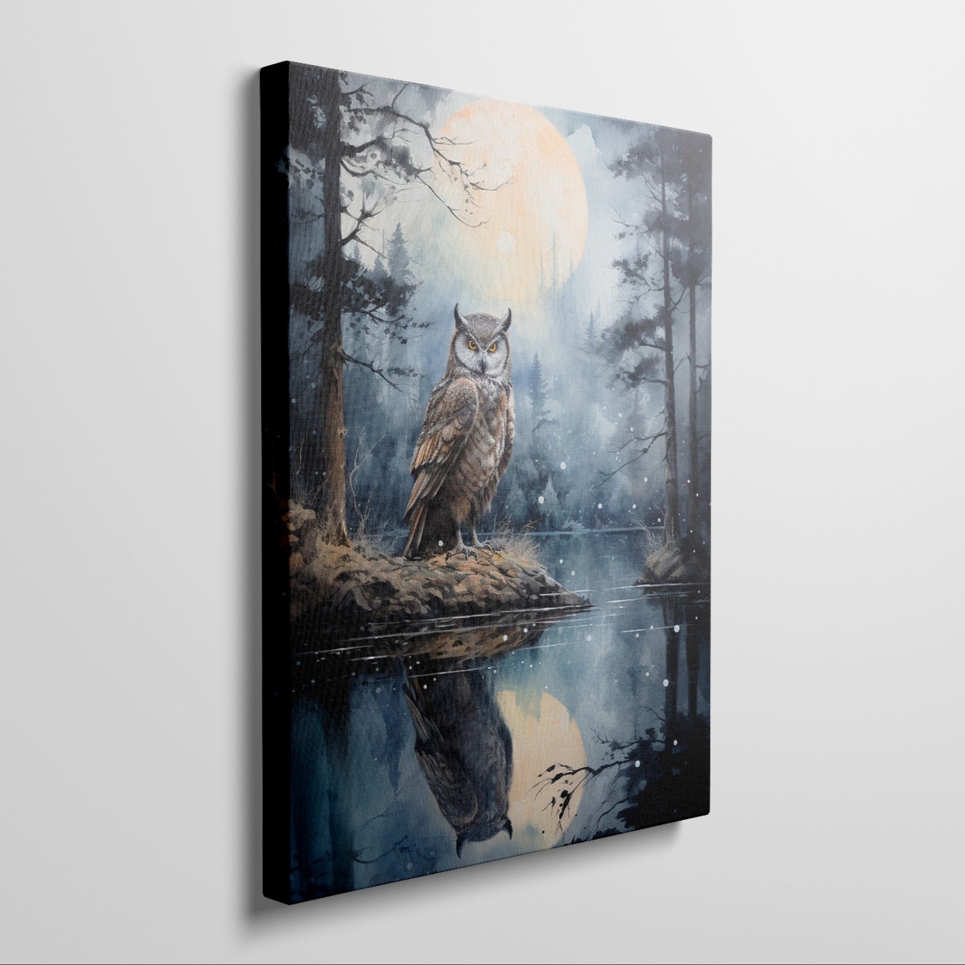 Framed canvas print of an owl perched beside a reflective lake under a full moon night sky