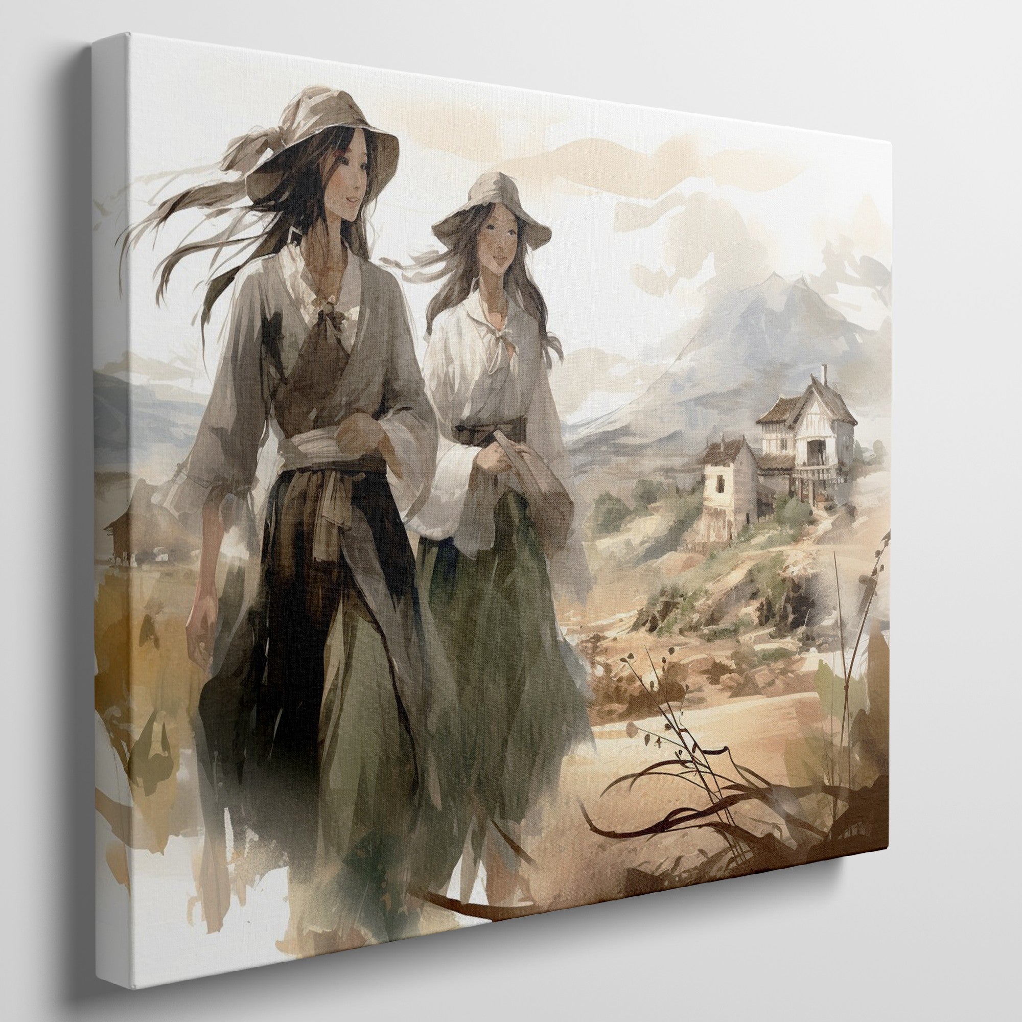 Impressionistic painting of two women in traditional dresses with a countryside backdrop.