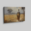 Framed canvas print of an impressionist African Savannah with a woman in traditional dress and elephant herd