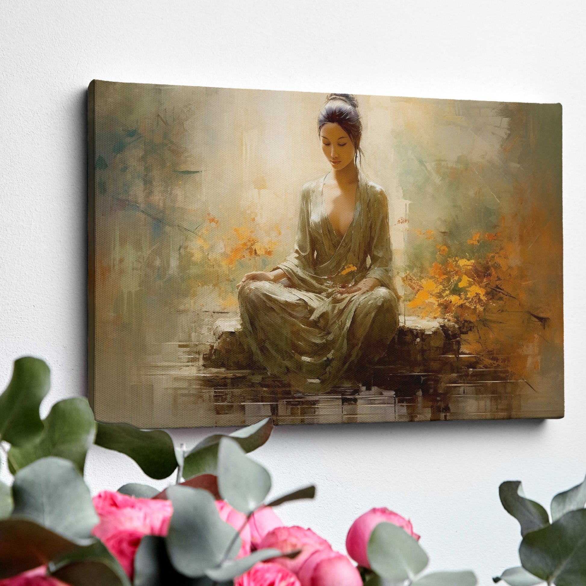 Framed canvas print of a meditative woman in peaceful surroundings with warm, autumnal colors