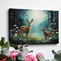 Framed canvas print of two fawns amidst a mystical forest with blooming daisies