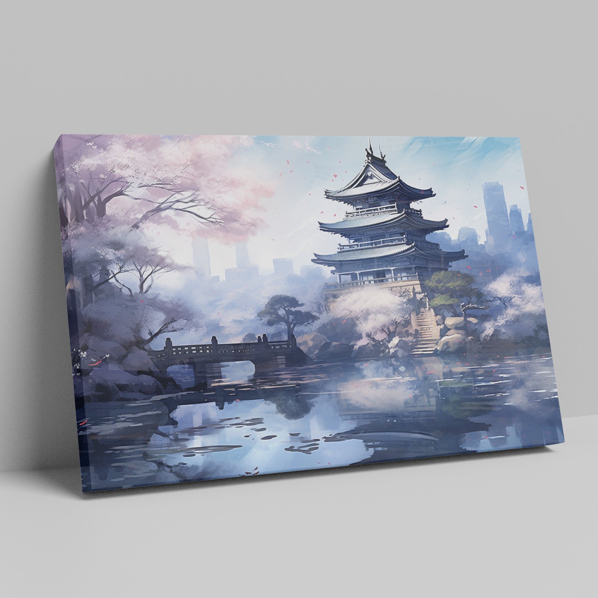 Digital painting of an Asian temple with cherry blossoms and a bridge over a reflective pond