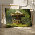 Framed canvas print of a vintage carousel in an enchanting forest setting with rich greenery and soft lighting