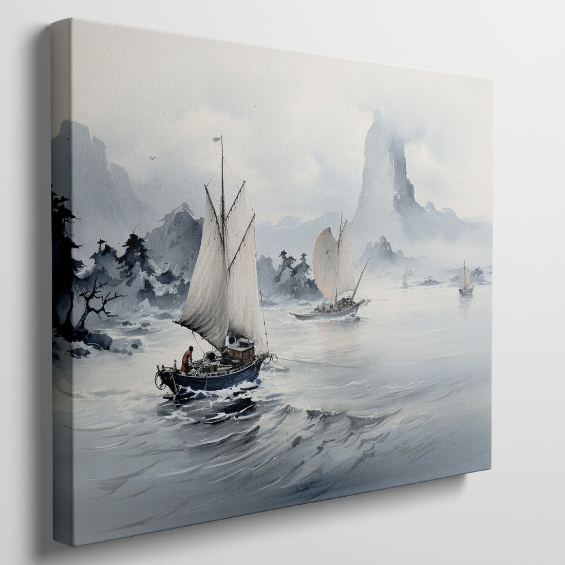 Framed canvas print of serene Oriental sailboats in watercolour with misty mountains and calm sea