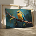 Framed canvas print of a vibrant blue and yellow bird perched on a tree branch with green leaves