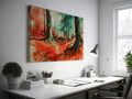 Framed canvas print of an abstract watercolour forest in vibrant red and green hues