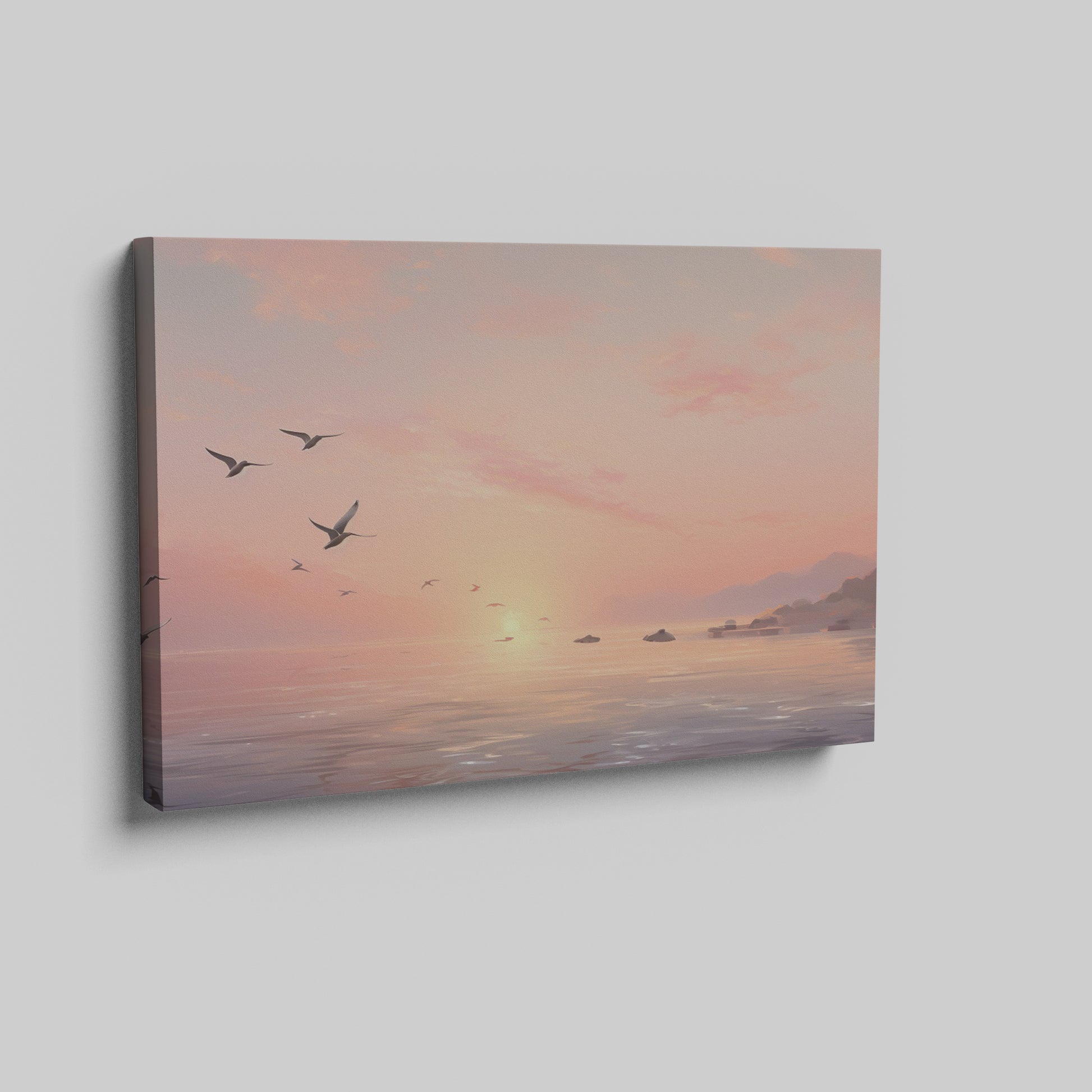 Framed canvas print of a serene seascape at sunset with flying birds and calm ocean waters