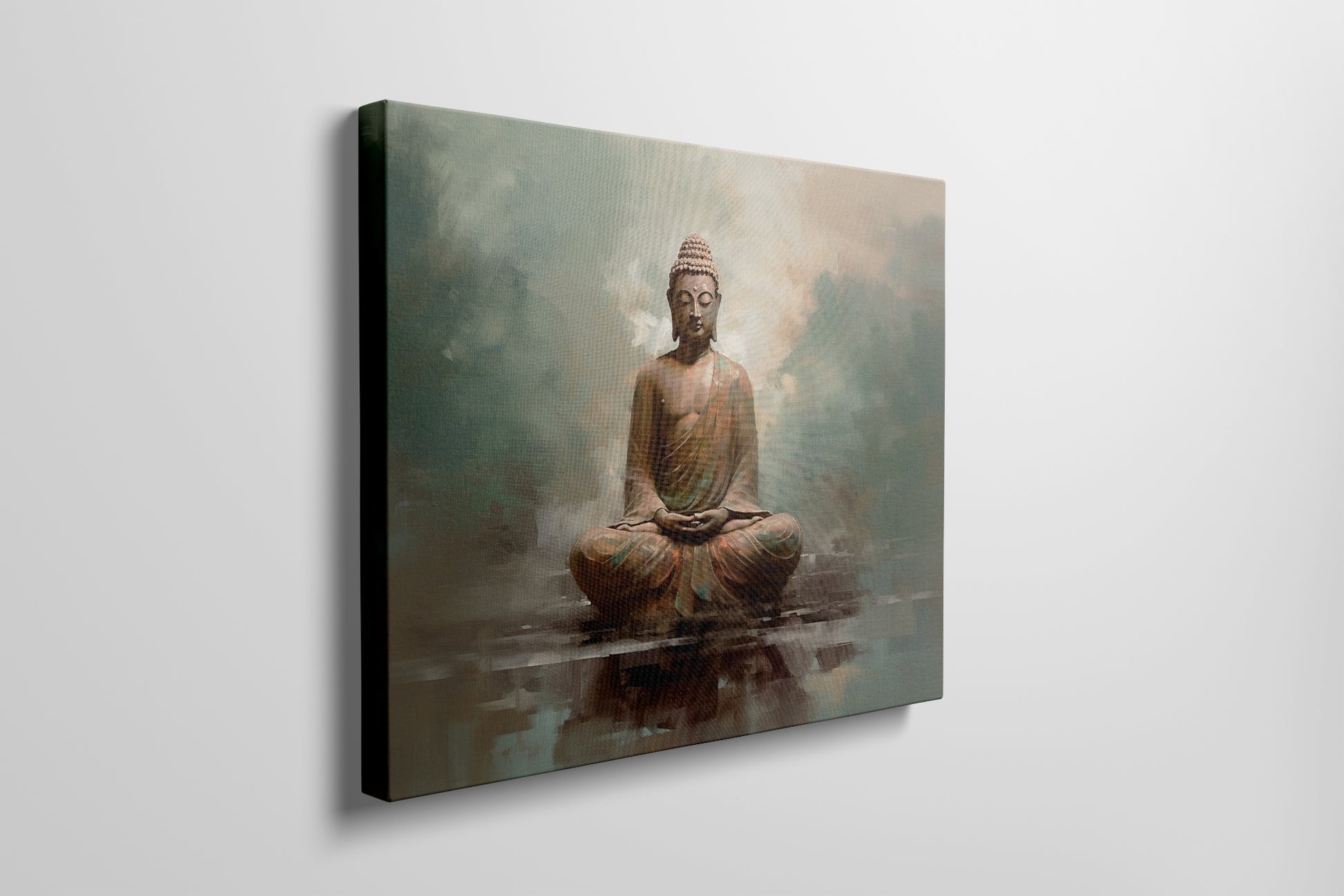 Framed canvas print of a meditative Buddha in earthy browns and soft blues