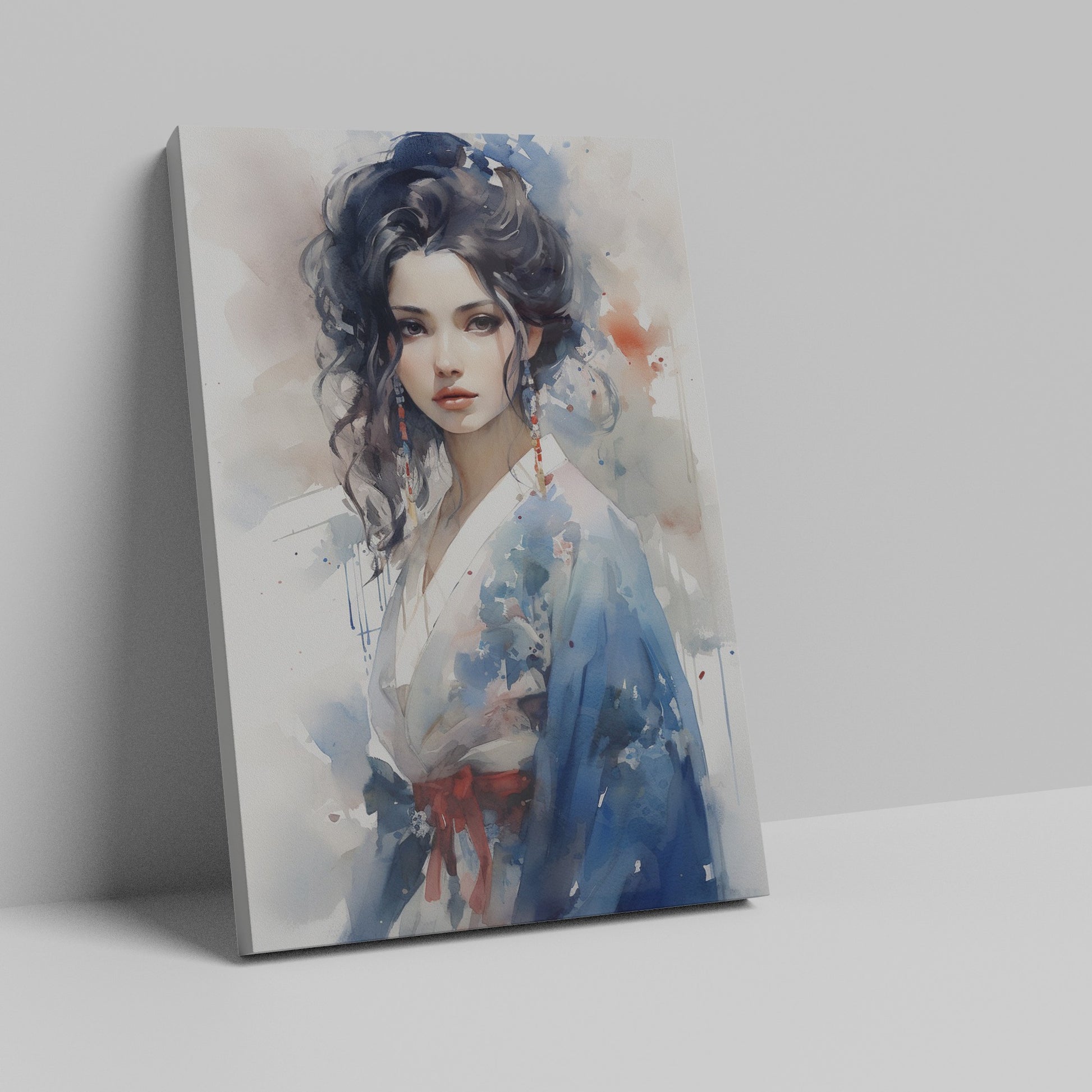 Artistic watercolour portrait of a young woman in traditional attire with abstract elements