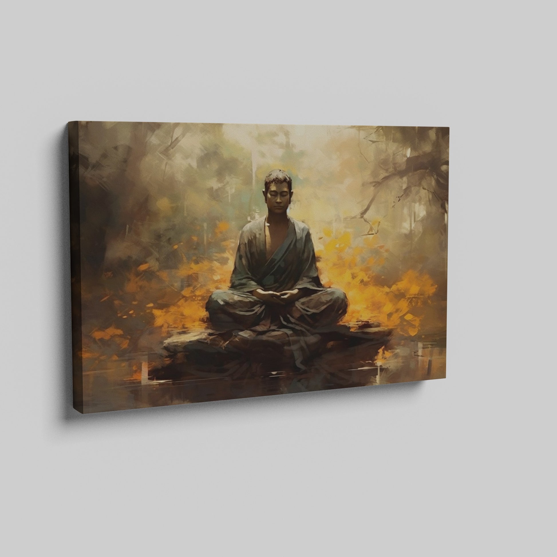 Framed canvas print of a meditative Buddha in a serene forest setting with warm, fiery orange hues