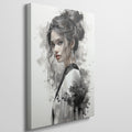 Framed canvas print of an abstract woman portrait in monochrome with dynamic ink splashes