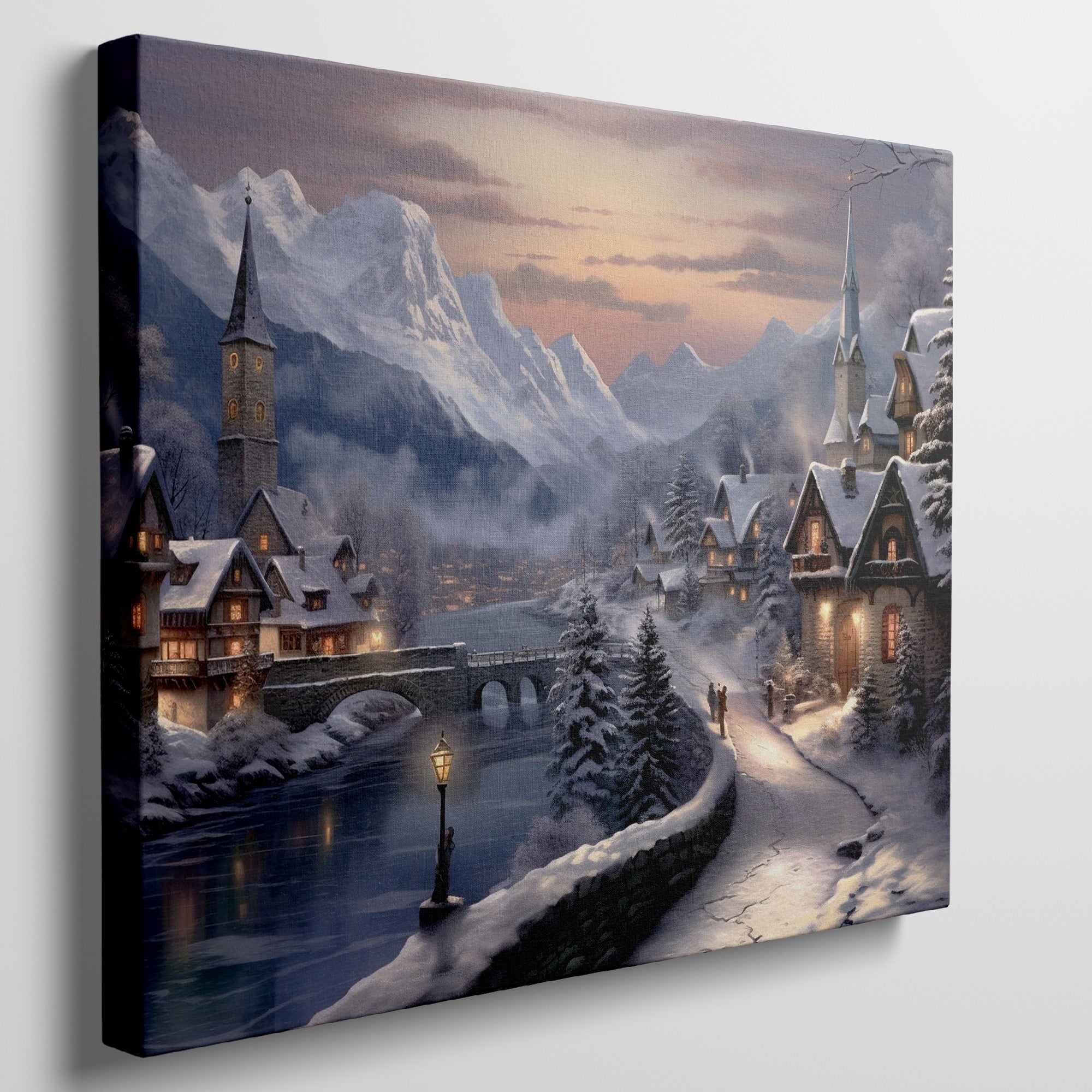 Framed canvas print of a snowy Alpine village at twilight with warm glowing cottages and snow-capped mountains