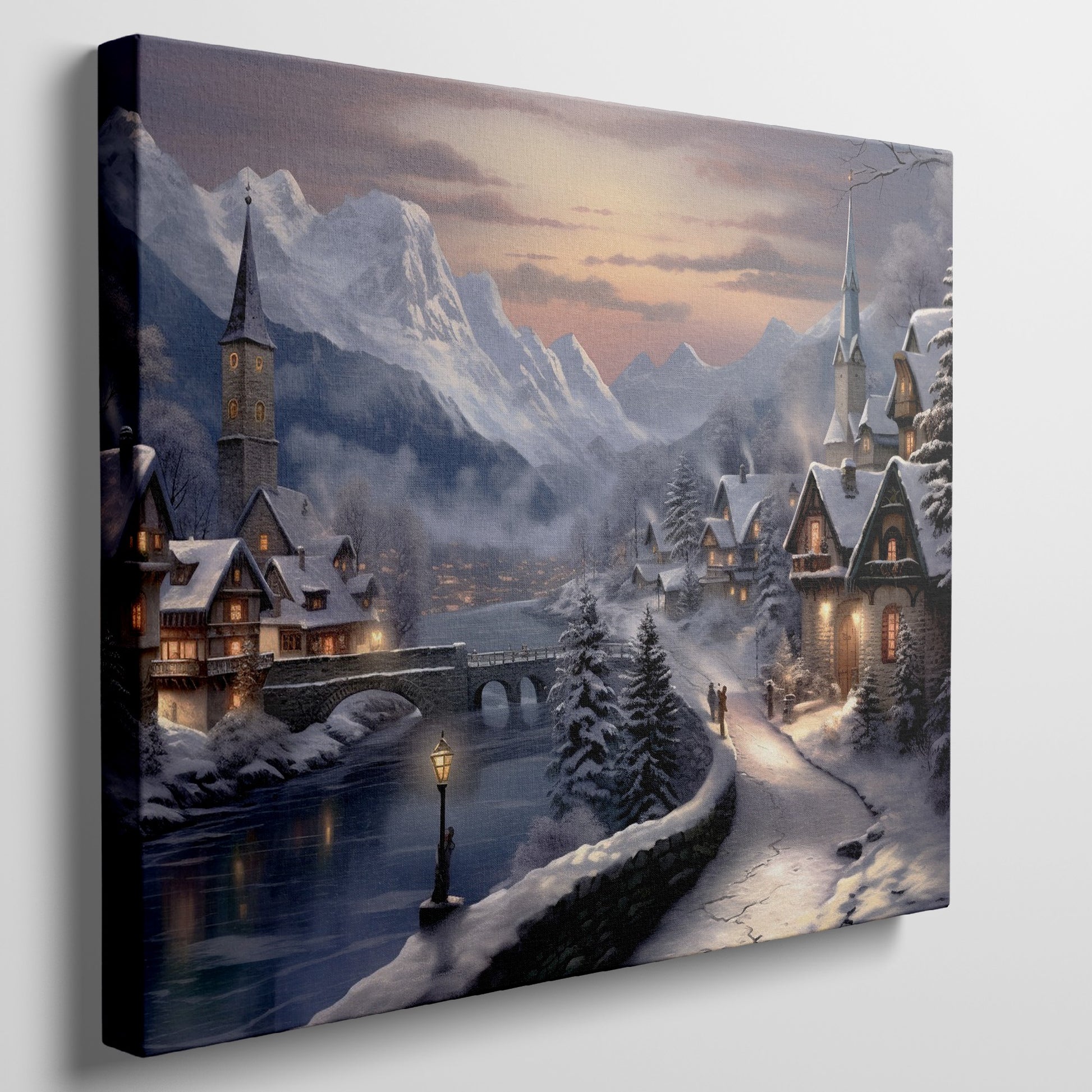 Framed canvas print of a snowy Alpine village at twilight with warm glowing cottages and snow-capped mountains