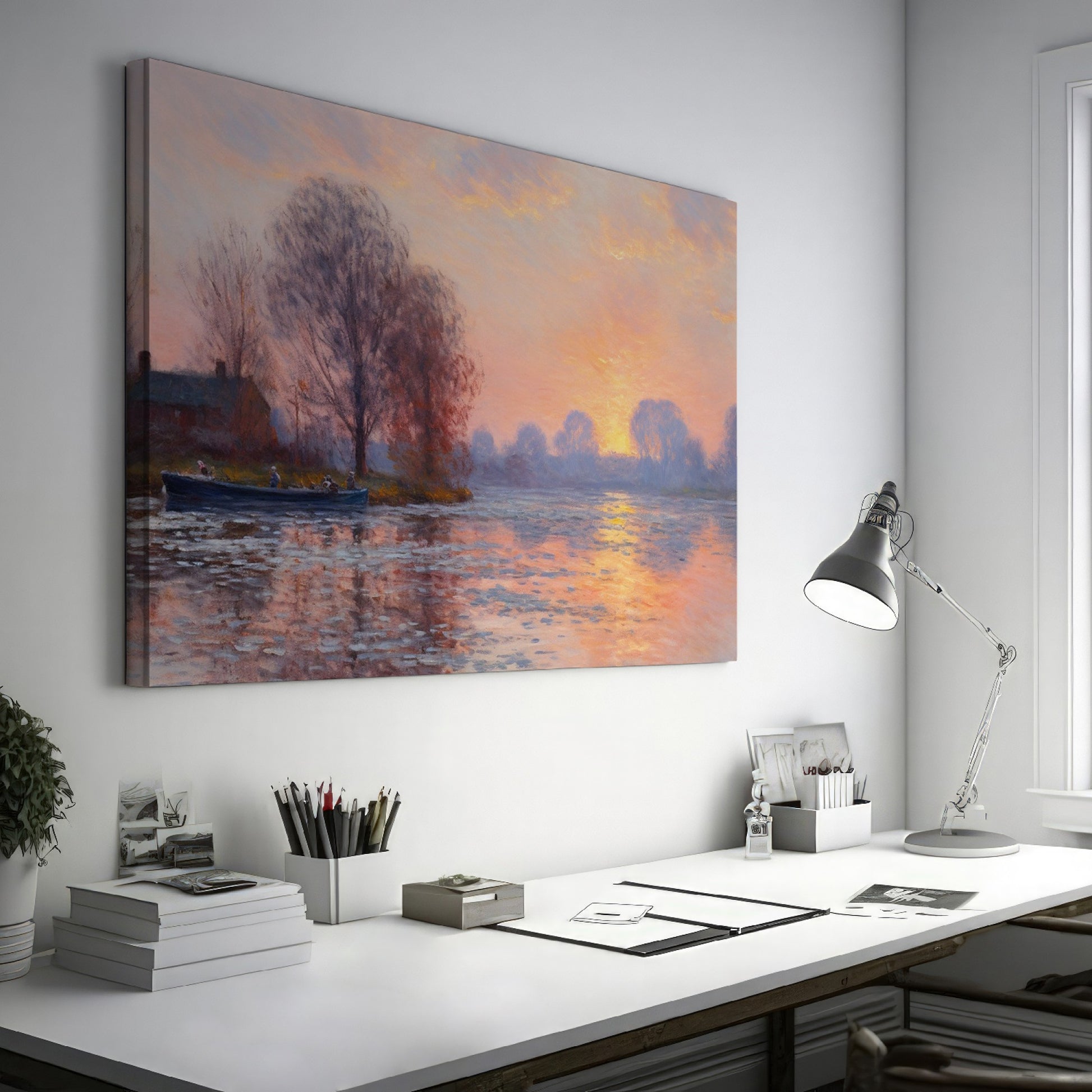 Framed canvas print of an Impressionist-style landscape with a sunset reflecting on a river