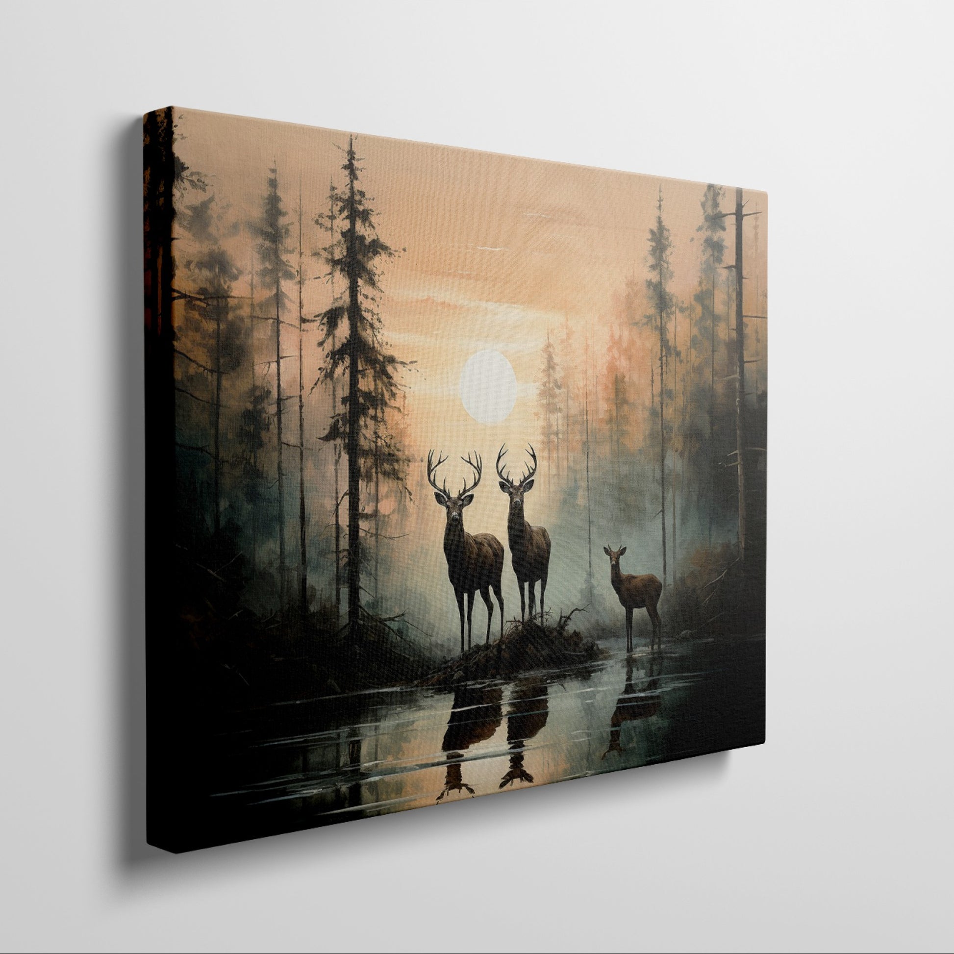 Framed canvas print of deer silhouetted against a forest sunset with reflections on water