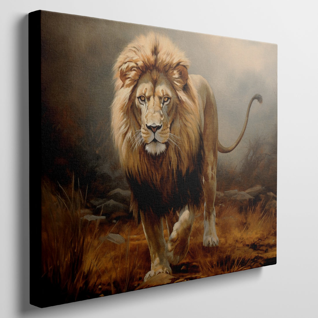 Framed canvas print of a regal lion striding through the misty savannah