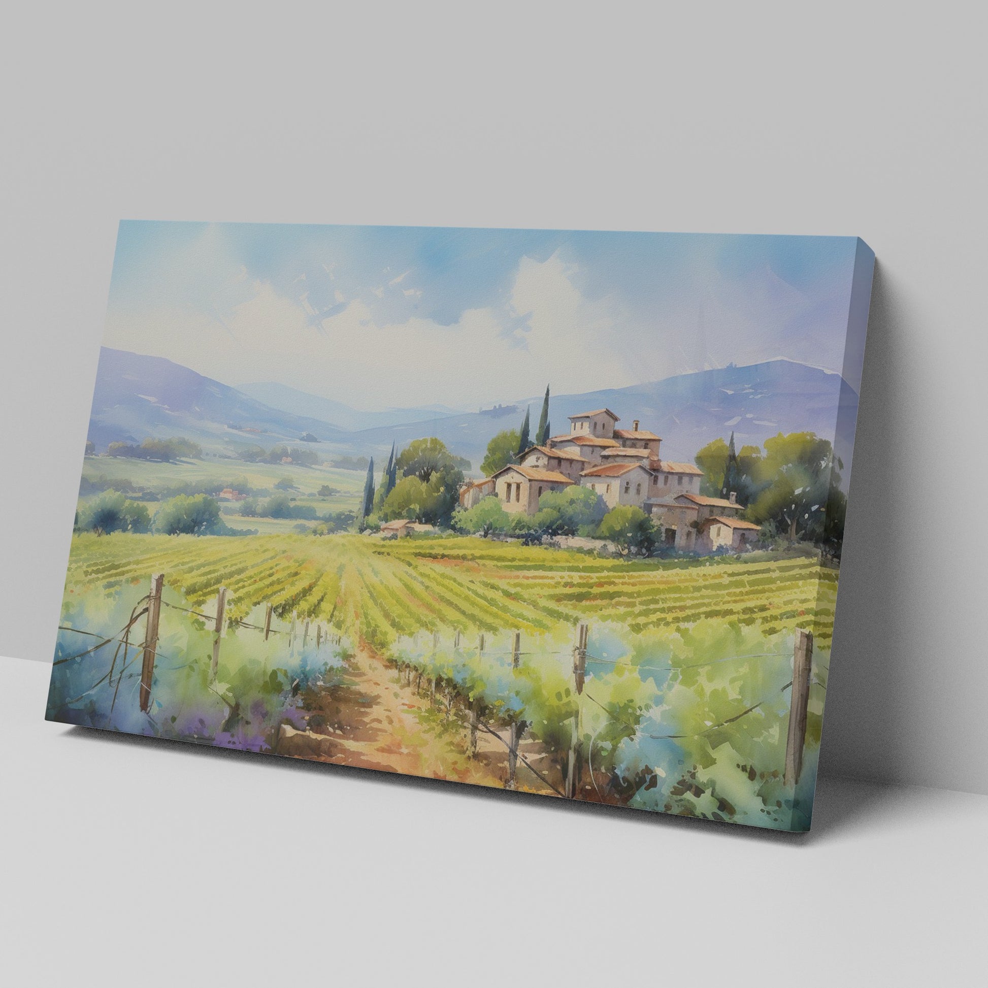 Framed canvas print of a Tuscan landscape with a villa and vineyards