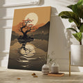 Framed canvas print of an Asian-inspired serene bonsai tree silhouette with sunset and mountain