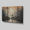 Framed canvas print of serene forest scenery with deer and sunset