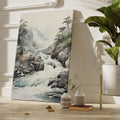 Framed canvas print of traditional Asian landscape with mountain stream and misty forest