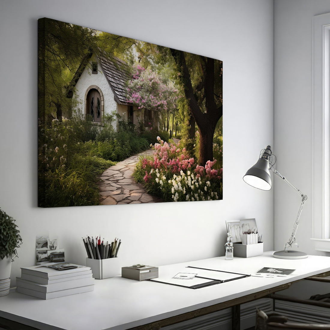 Framed canvas print of a picturesque cottage surrounded by blooming garden and shaded by trees