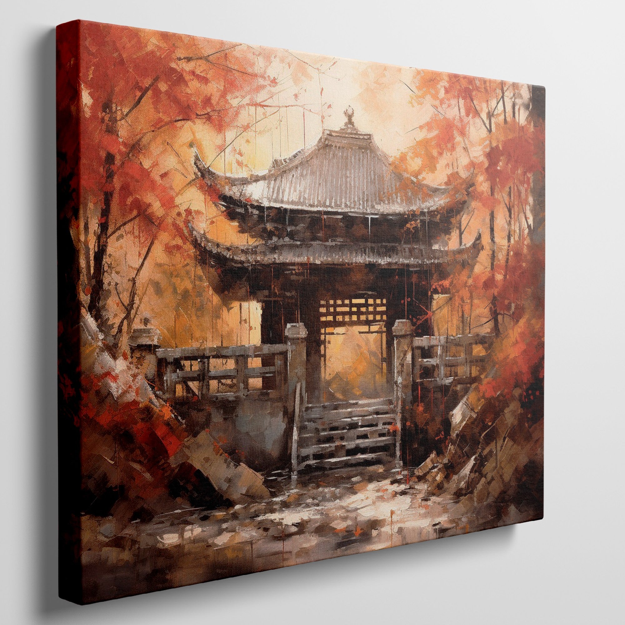 Canvas art of a traditional Asian temple surrounded by red and orange autumn leaves