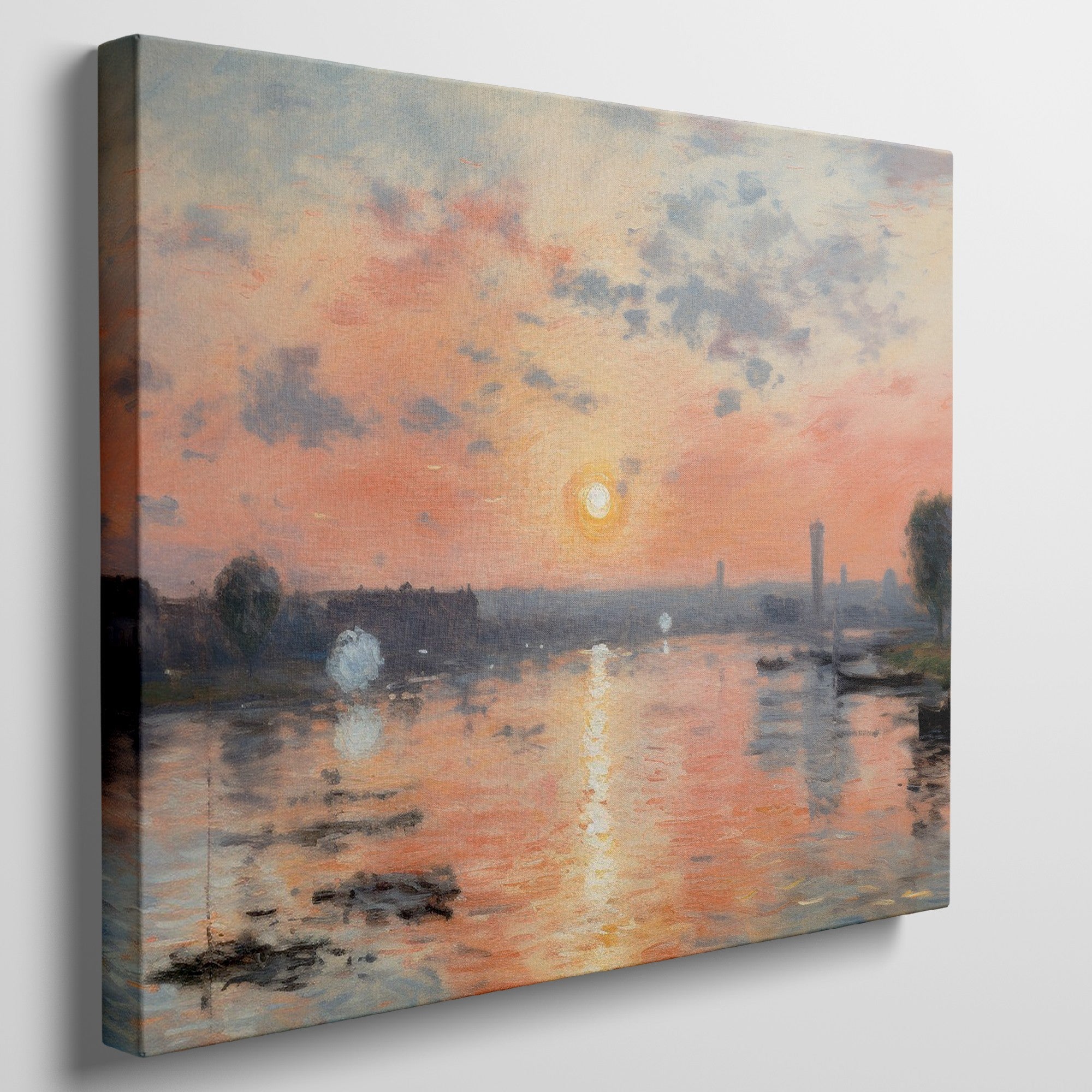 Framed canvas print of impressionist river landscape at sunset with vibrant orange and blue hues