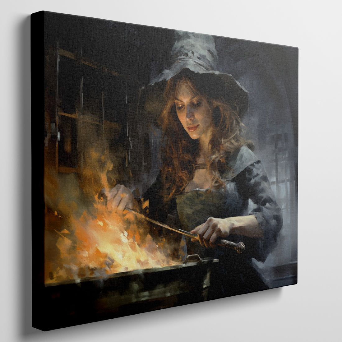 Framed canvas print of a mystical witch stirring a magical fiery brew in a gothic setting