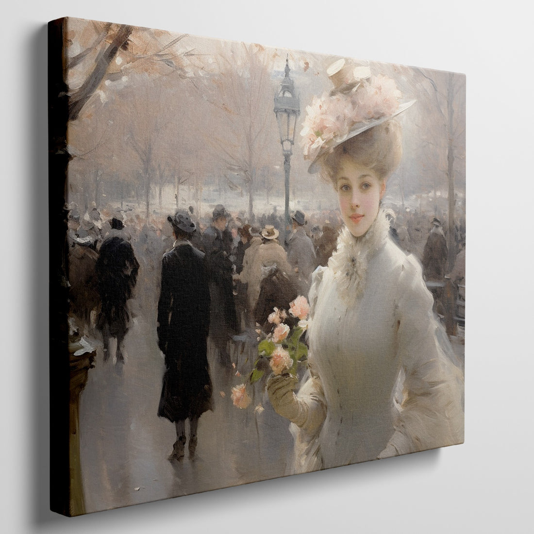 Framed canvas print of an elegant Victorian lady with flowers on a Parisian boulevard