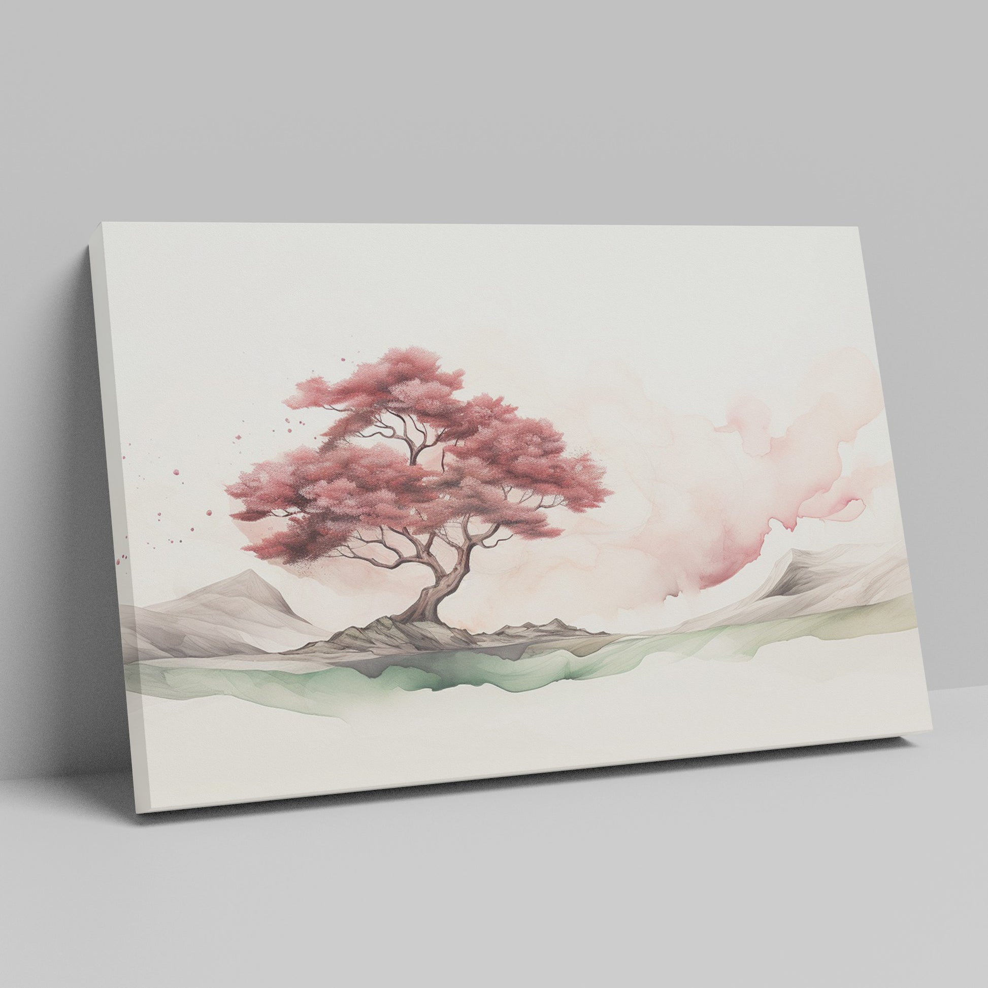 Framed canvas print of a serene ink wash painting featuring a cherry blossom tree and misty landscape