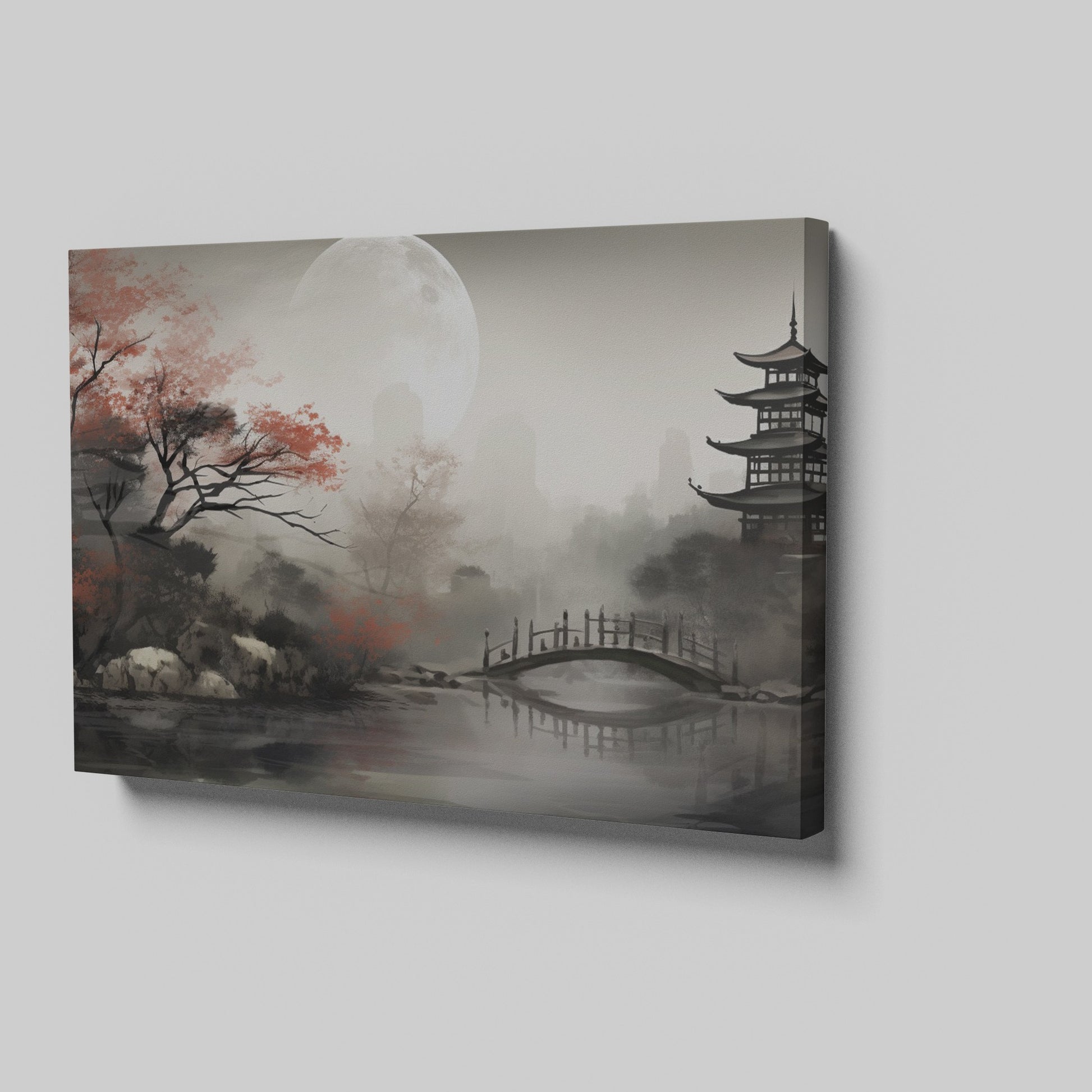 Framed canvas print of a serene Oriental landscape with a moonlit pagoda, red autumn leaves and a tranquil lake