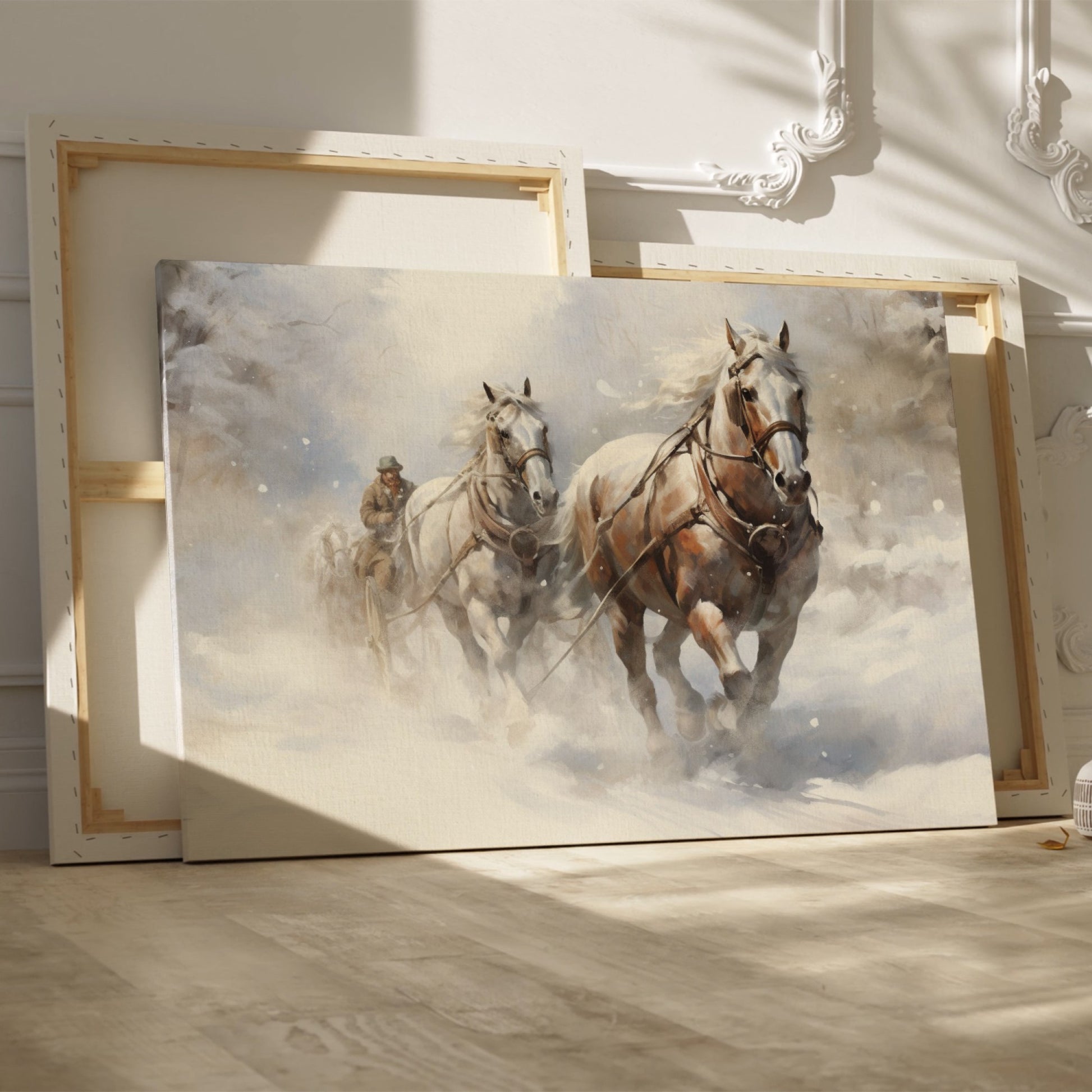 Framed canvas print of a traditional winter scene with a horse-drawn sleigh in the snow