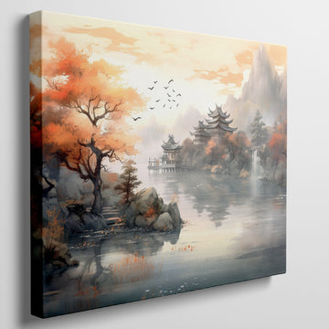 Framed canvas print of an Asian-inspired scene featuring traditional Chinese pagodas amid autumnal trees by a misty lake with a waterfall