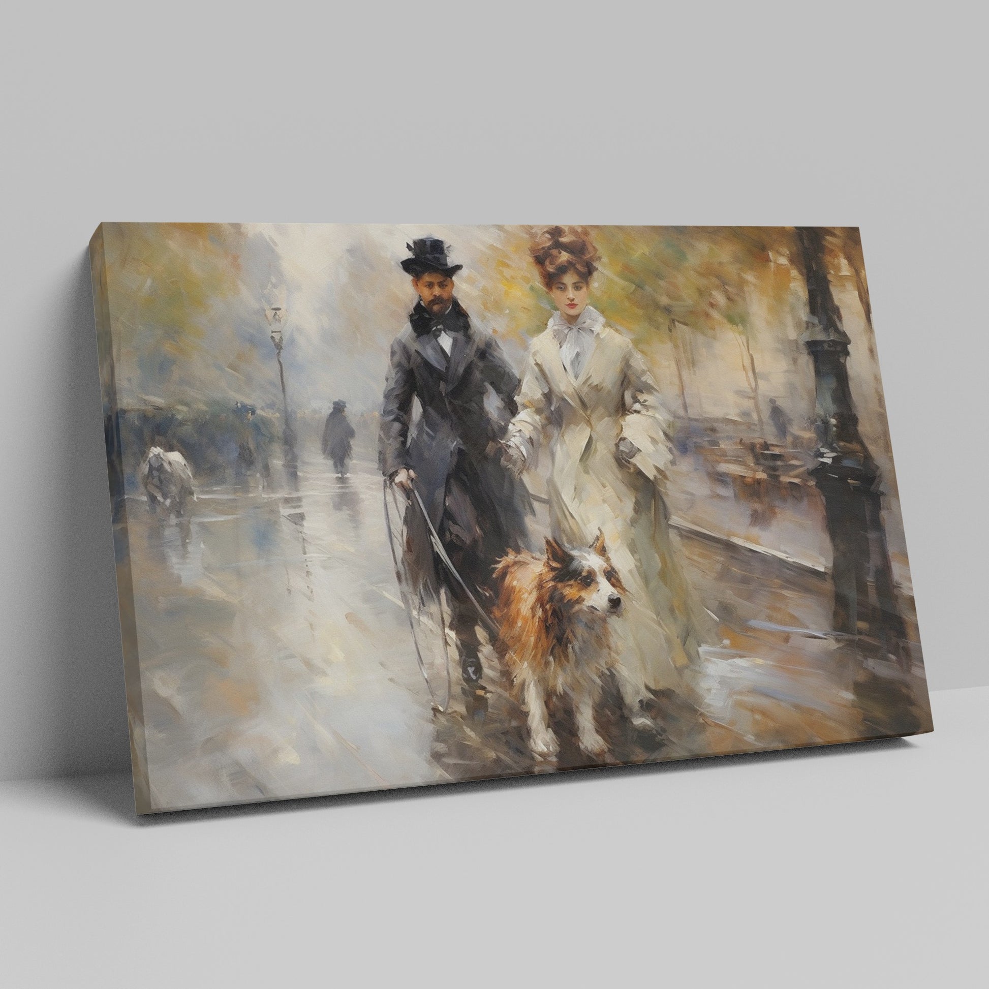 Framed canvas print of a Victorian couple and their dog walking on a rainy Paris street