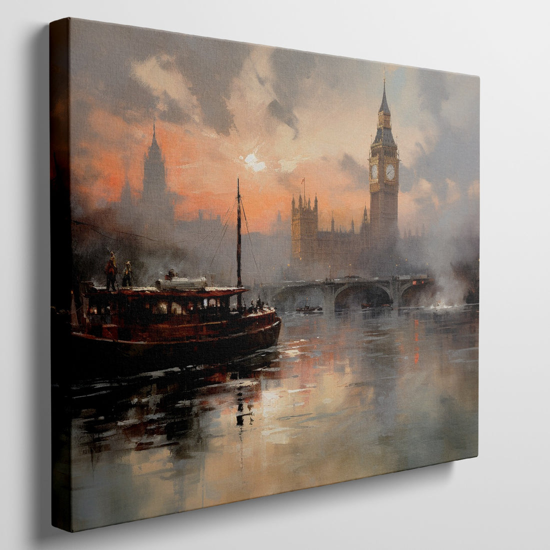 Framed canvas print of London's Big Ben and River Thames at sunset with warm orange hues