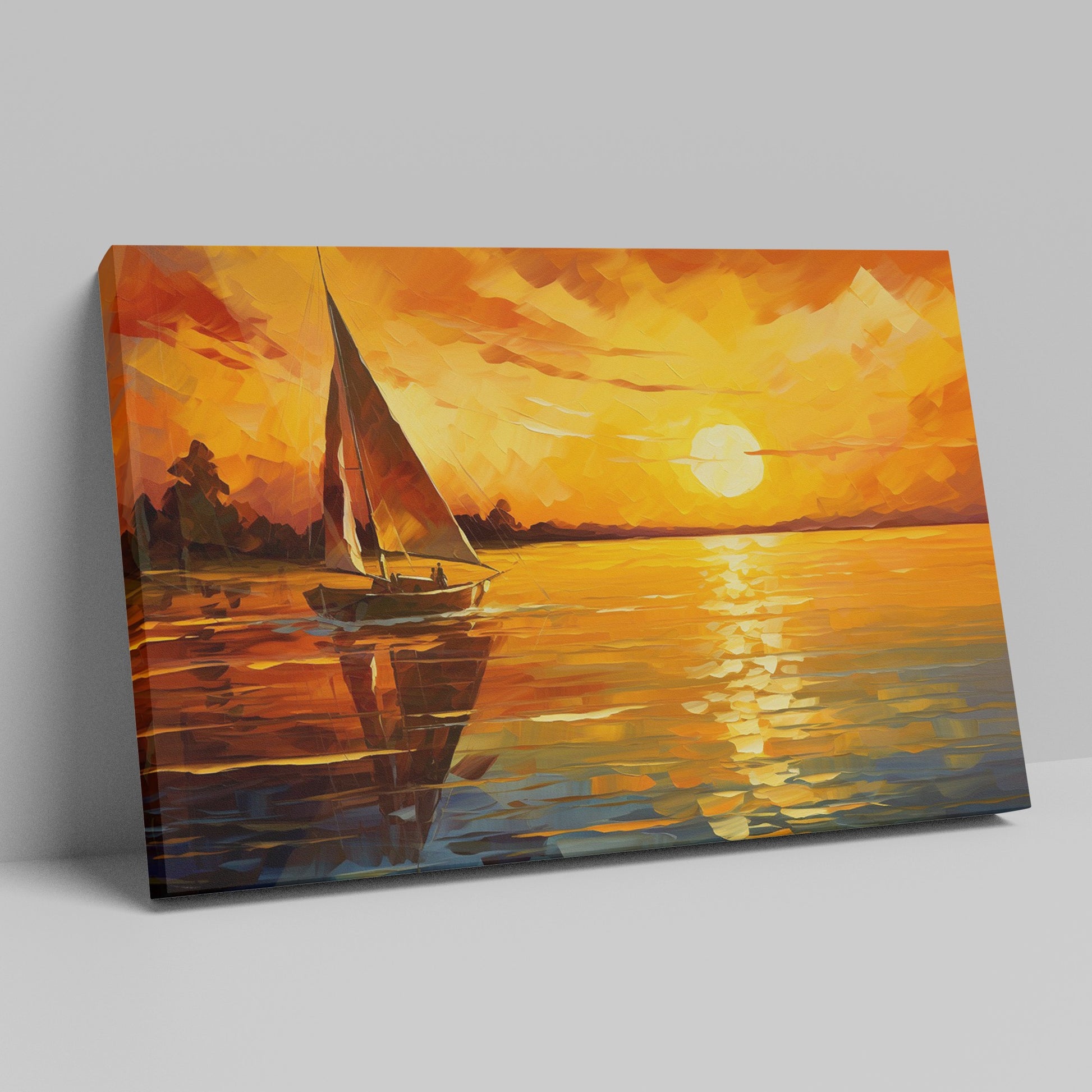 Framed canvas print of an impressionist sailboat against a vivid sunset