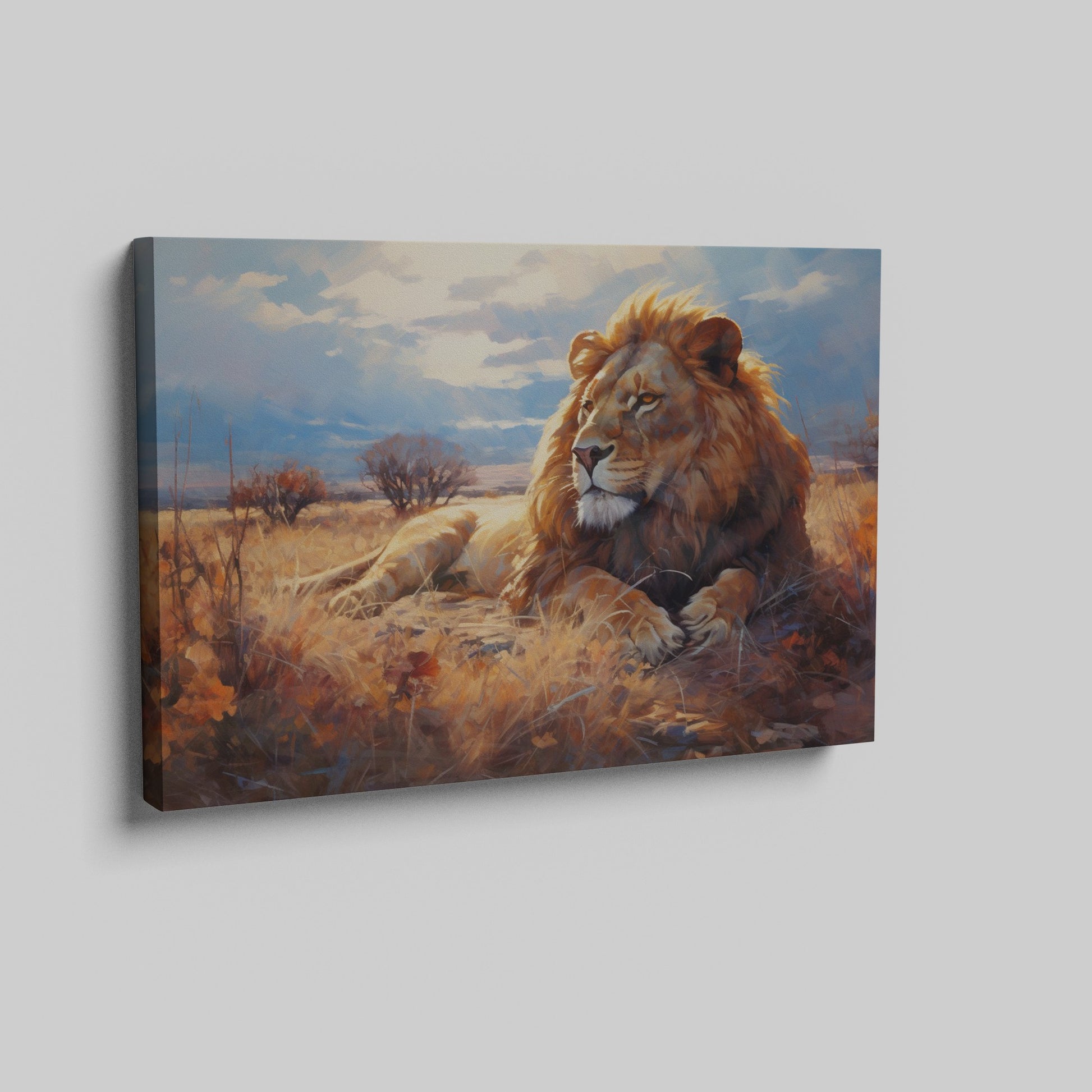 Framed canvas print of a majestic lion basking in the golden light of the African savannah