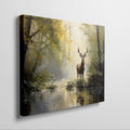 Impressionist painting of a stag by a water body amidst a yellow and brown autumn forest.