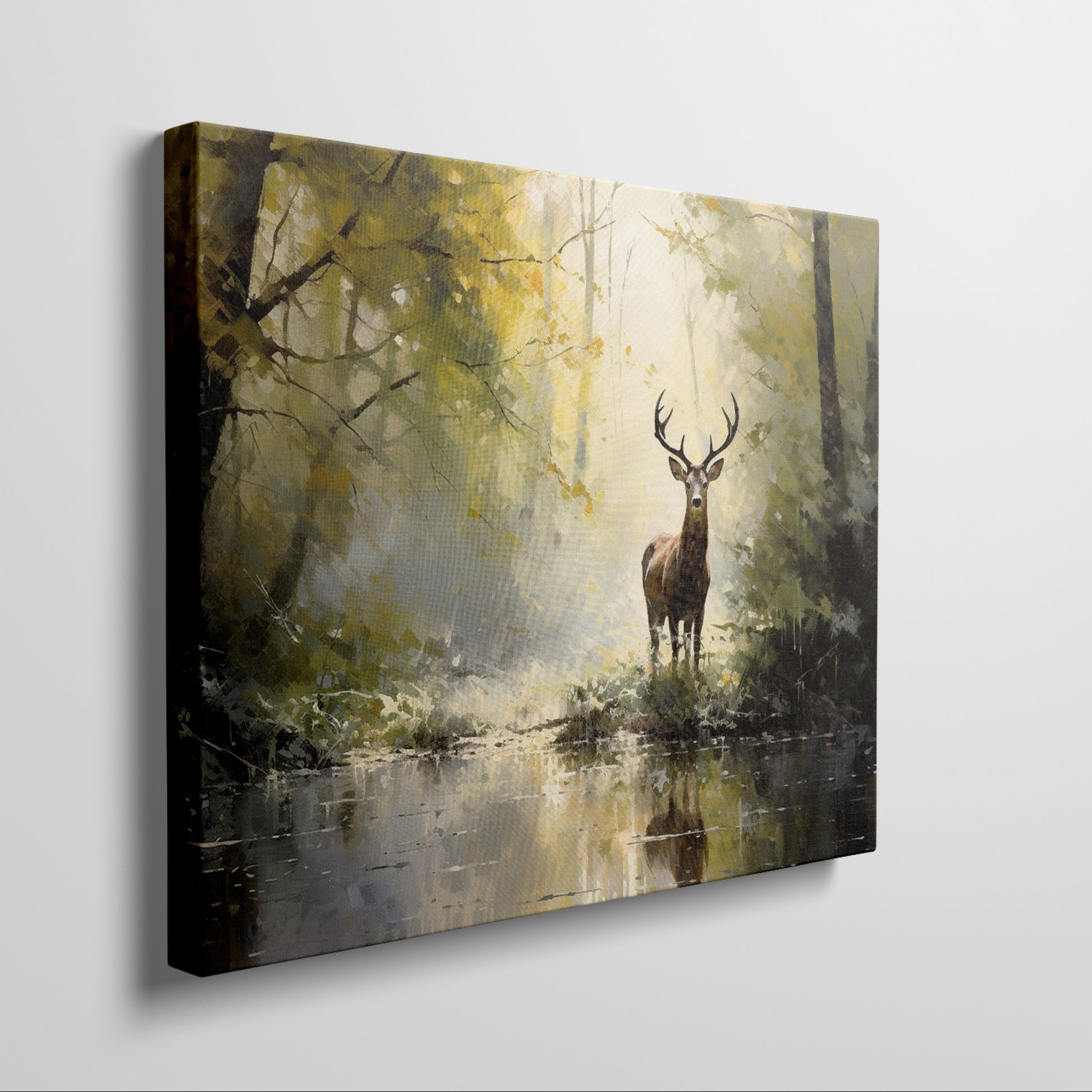 Impressionist painting of a stag by a water body amidst a yellow and brown autumn forest.