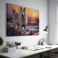 Framed canvas print of a dog in impressionist style with a winter sunset in the background