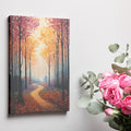 Framed canvas print of a stylised forest with colourful autumn foliage and a winding pathway