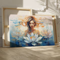 Framed canvas print of an ethereal woman with lotus flowers in serene water