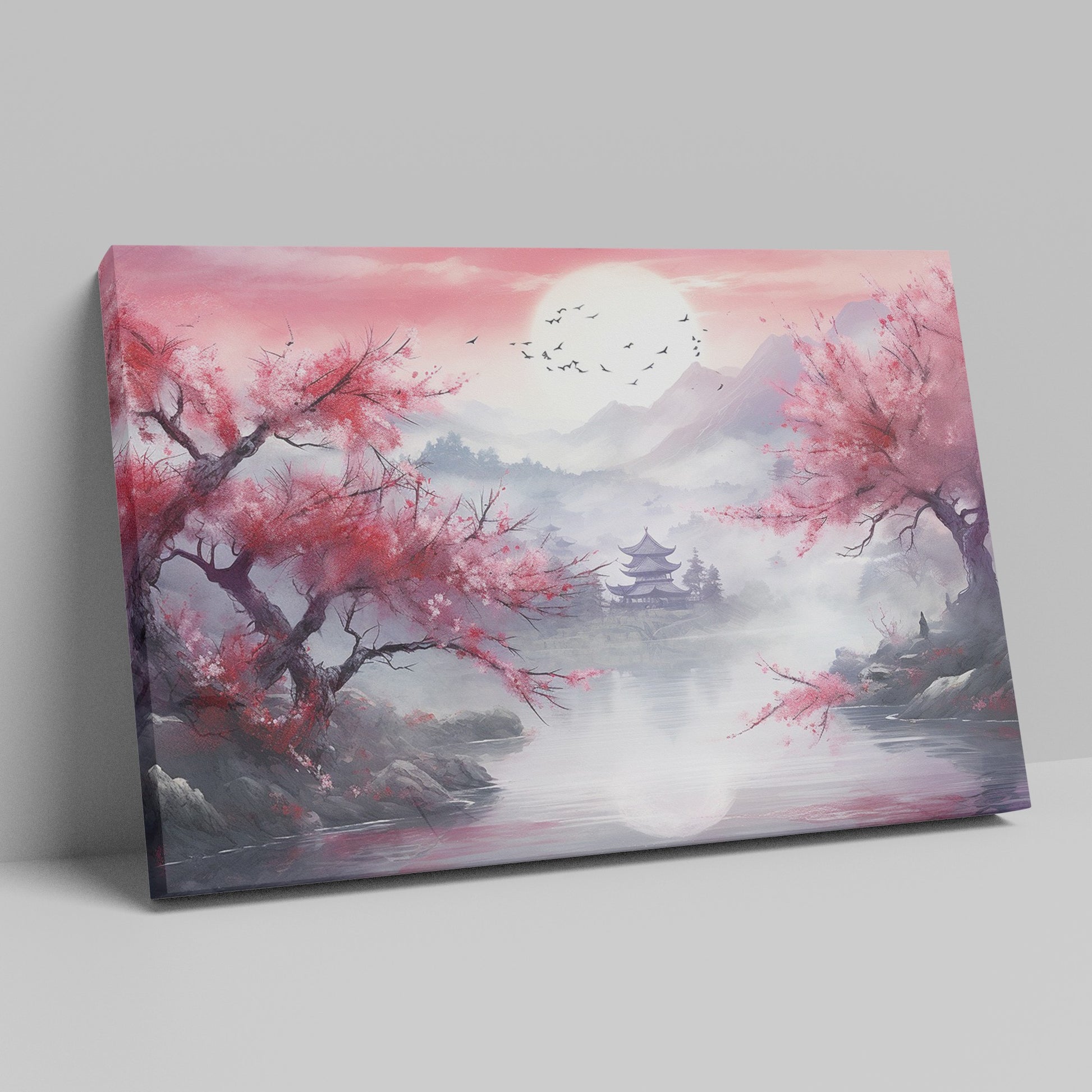 Framed canvas print of an Asian landscape with cherry blossoms and a pagoda at sunset